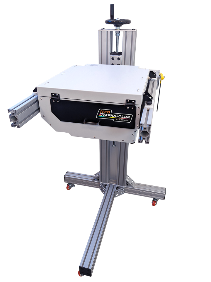 1170 RapidColor MPS Color Inkjet Printer mounted on a height-adjustable aluminum stand with lockable casters, shown from a front side angle.