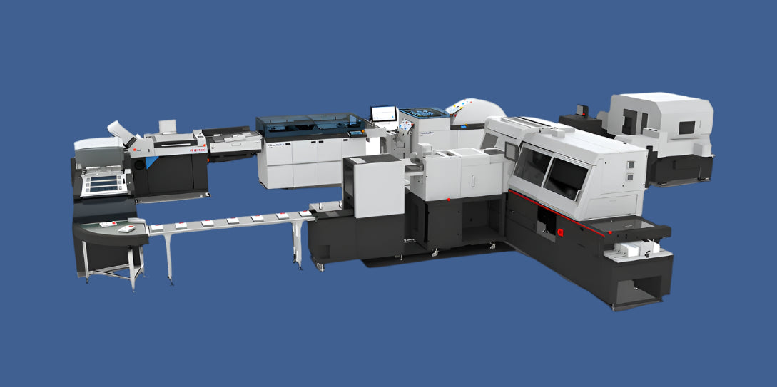 Standard Hunkeler Gen 8 Roll-to-Perfect Bind system with inline feeding, binding, trimming, and stacking modules for automated book production