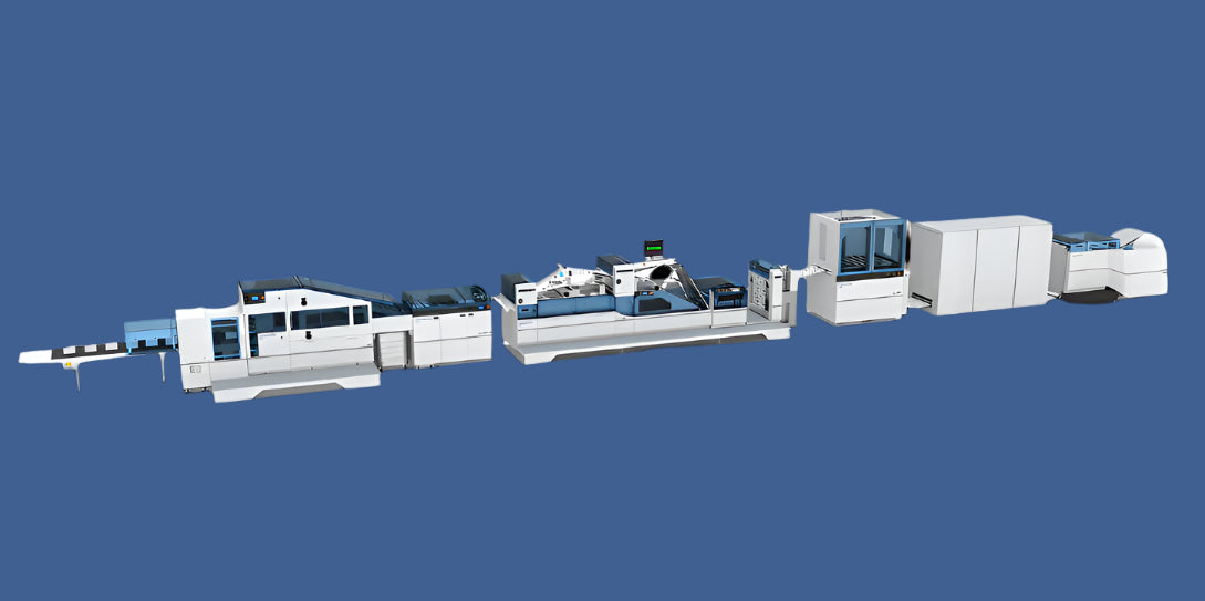 New Gen 8 roll-to-signature book block system featuring integrated roll unwinder, dynamic folder, signature stacker, and inline automation for high-speed digital finishing