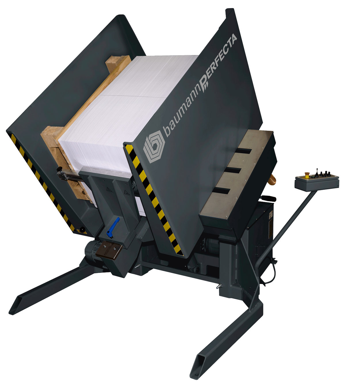 Perfecta PT10 PAJ semi-automatic pile turner shown tilting a large stack of paper, with heavy-duty arms, control panel, and safety markings on a robust steel frame