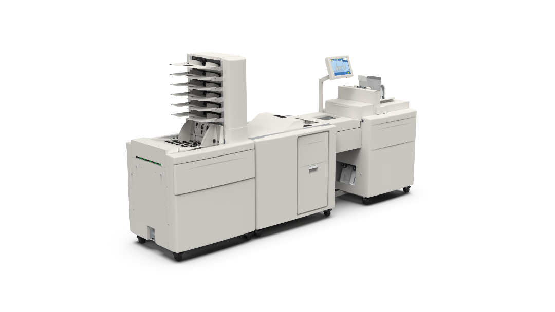 Plockmatic Reflex Mailing System shown from left angle with multi-bin collator, touchscreen interface, and integrated inserting and sealing modules for automated mail preparation and processing.