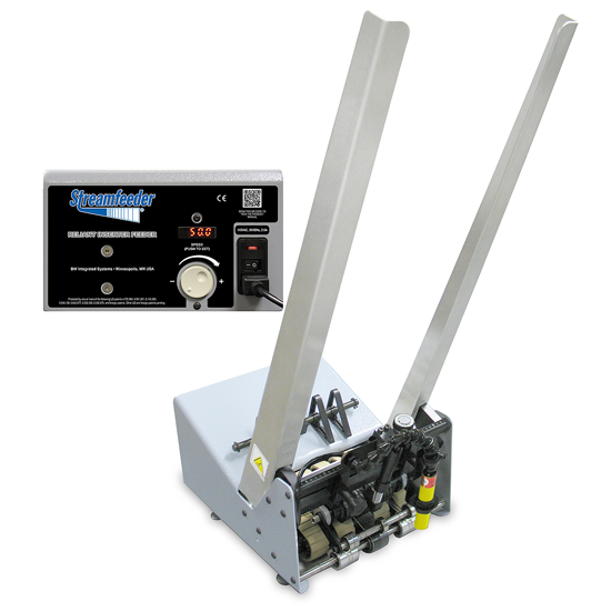 Streamfeeder Reliant 1500 Feeder with dual vertical feed arms, precision rollers, and separate electronic control module for adjustable speed and timing