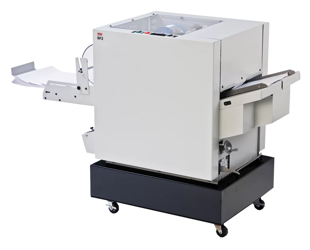 MBM SF2 air suction paper folder with feed tray and mobile base cabinet