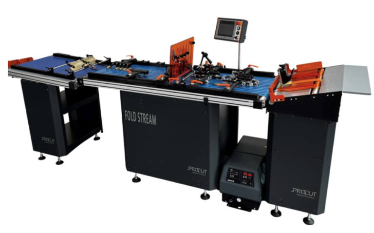 Graphco Fold Stream folding and gluing system featuring a long conveyor with blue belts, gluing heads, control panel, and adjustable guides for high-speed folding applications