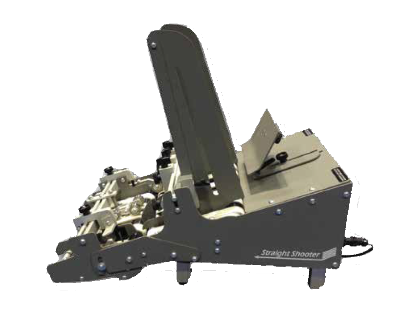 Straight Shooter R-12D demand feeder with vertical media stacker, friction feed rollers, and compact tabletop design, built for precise on-demand feeding of mail pieces, cards, and inserts.