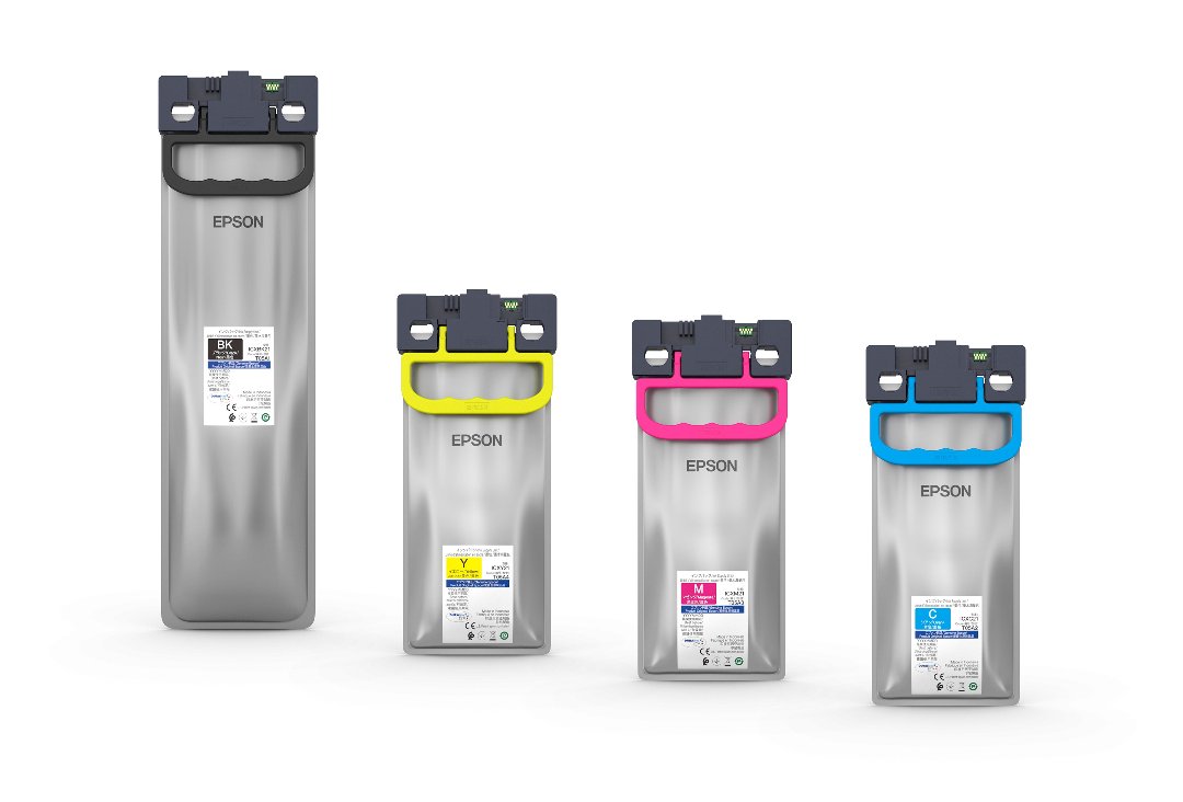 Epson T05A Ink Pack Set – Full Set of Black, Yellow, Magenta, and Cyan DURABrite Ultra Ink Bags with Color-Coded Handles Displayed on White Background