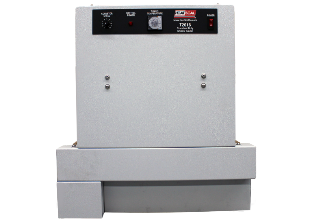 Front view of the Heat Seal T2016 compact shrink tunnel, featuring control panel with conveyor speed, power, and temperature settings.