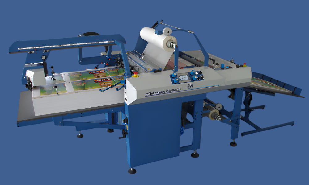 Foliant Taurus 760 NG 4x4 Double Fully Automatic Laminator — Wide-Format Lamination System with Feeder, Control Panel, Rollers, and Delivery Stacker in Industrial Blue Finish