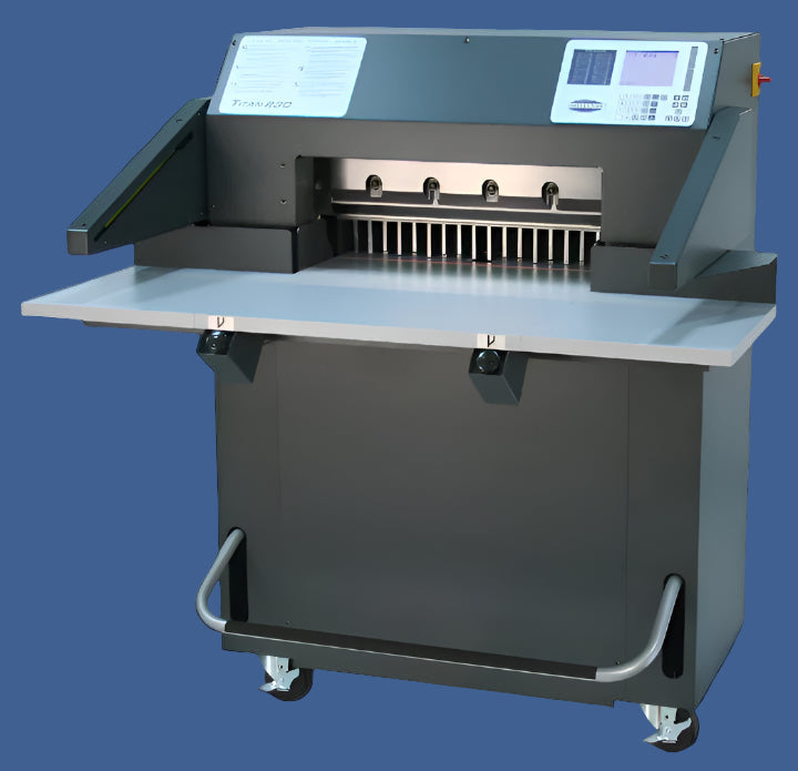 Challenge Titan 230 hydraulic paper cutter with 23" cutting width, digital control panel, and heavy-duty design on caster wheels.