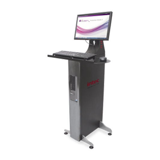 Intec computer kiosk with monitor and keyboard on a white background