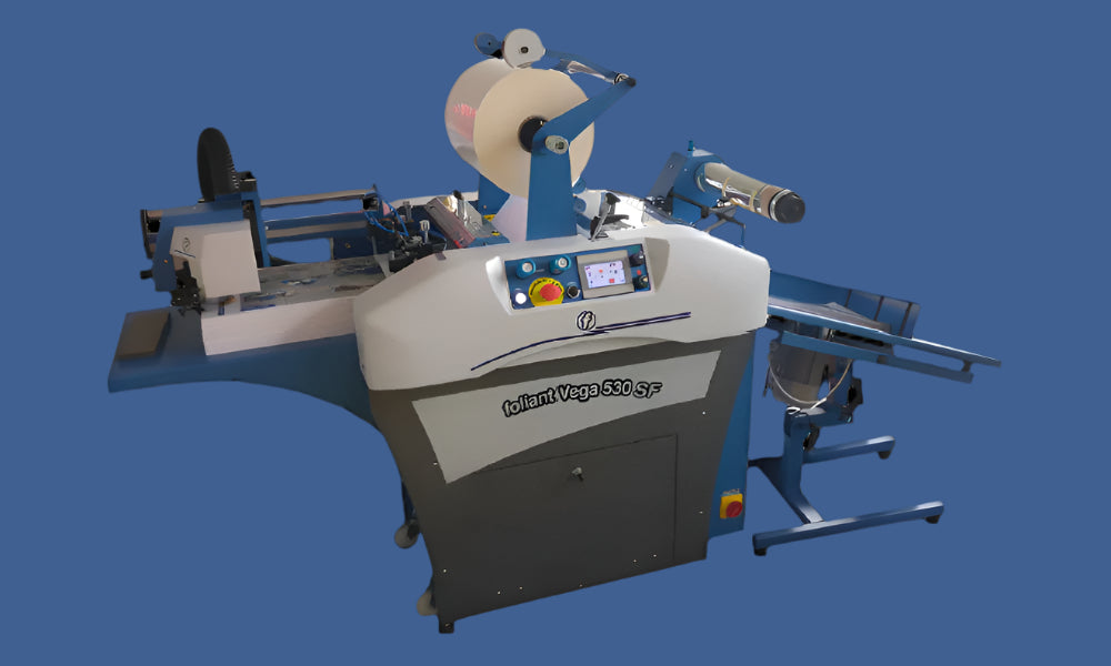 Foliant Vega 530 SF Fully Automatic Laminator — Blue and White Compact Laminating System with Film Roll, Touchscreen Control, Feeder Table, and Rear Output Tray for High-Speed Sheet Lamination