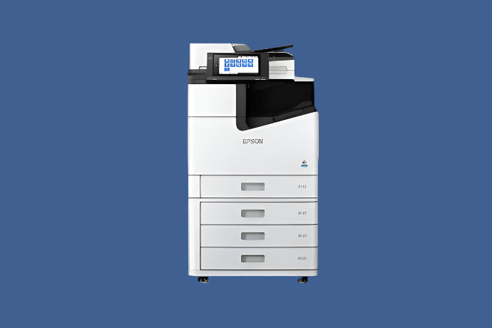 Epson WorkForce Enterprise WF-C20750 Color Multifunction Printer — Head-On View with Four Paper Trays and Touchscreen Display