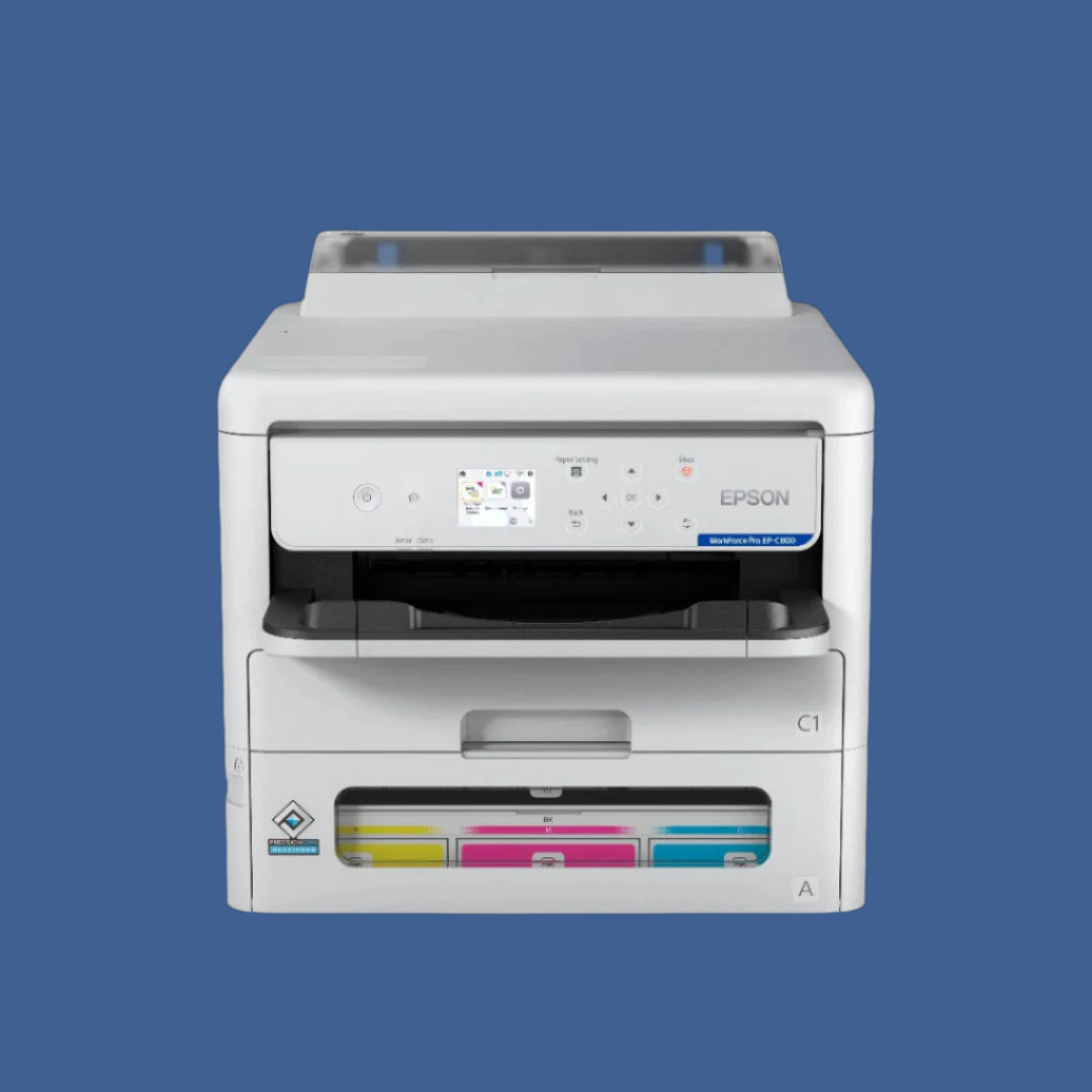 Epson WorkForce Pro EP-C800 Compact Color Printer, Front View with Visible Ink Cartridges and Control Panel
