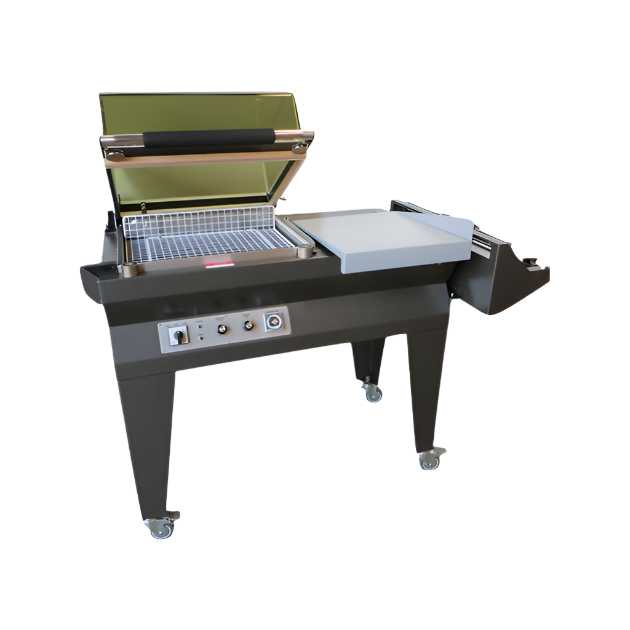 PP-48ST all-in-one L-Sealer with shrink chamber featuring a transparent lid, sealing grid, control panel, and wheeled base for mobile packaging operations