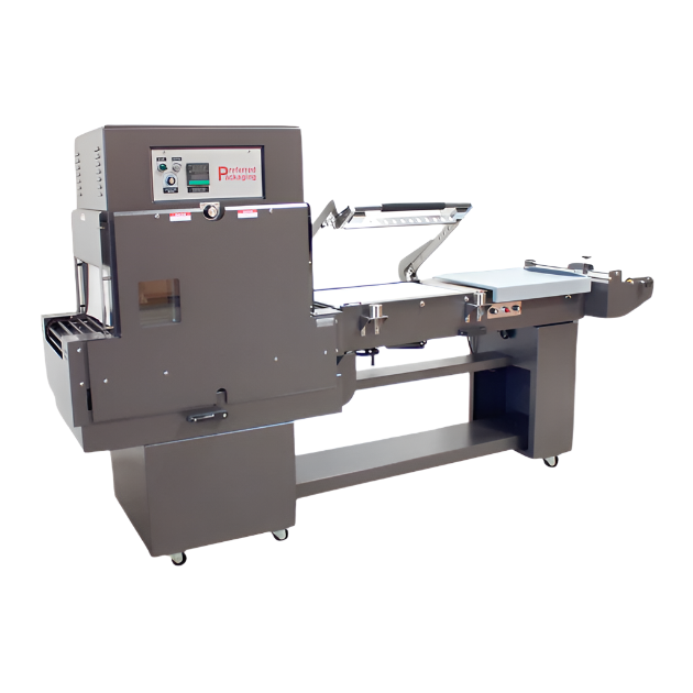 PP-1622MK Combo L-Sealer and Shrink Tunnel system with integrated sealing arm, conveyor table, and digital control panel on dark gray frame with casters