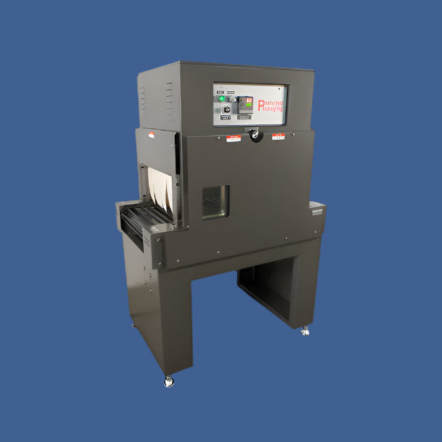 PP1808-28 Shrink Tunnel with digital controls, conveyor system, and viewing window on dark gray frame with casters