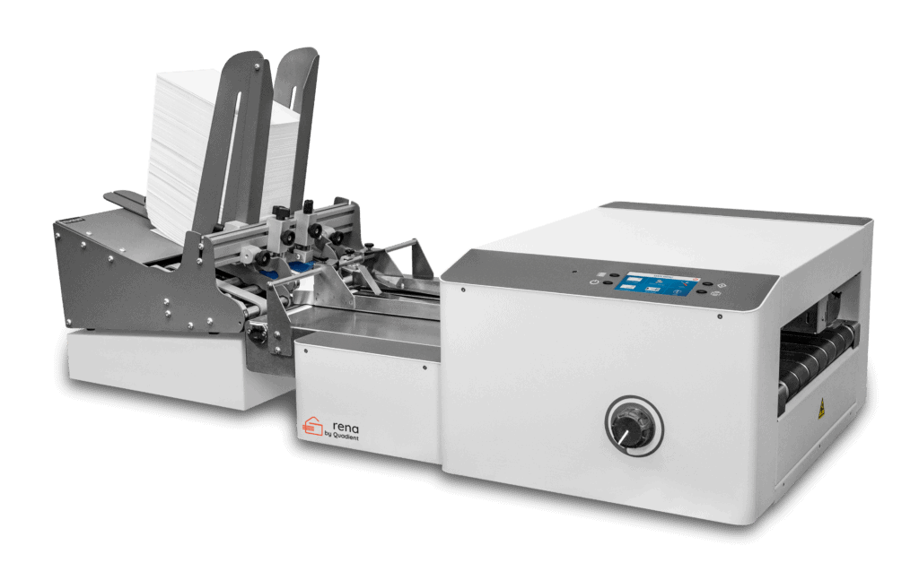 Rena AS-850 Monochrome Address Printer with integrated high-capacity feeder, touchscreen interface, and inline printing path.