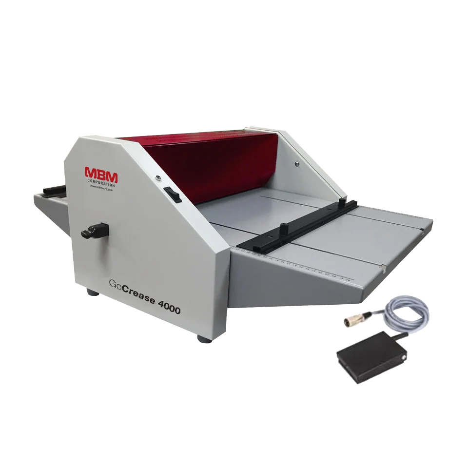 MBM GoCrease 4000 paper creaser with foot pedal control and adjustable guides for manual precision creasing in print finishing tasks