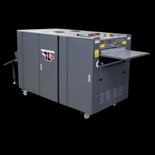 Tec Lighting TRUV-16D UV Coating Machine with hand-feed table and enclosed design on caster wheels for mobility
