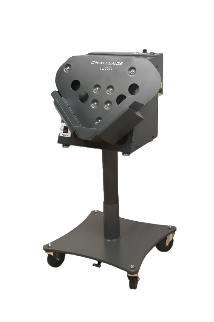 Challenge iJog paper jogger with perforated faceplate and foot pedal on mobile caster base