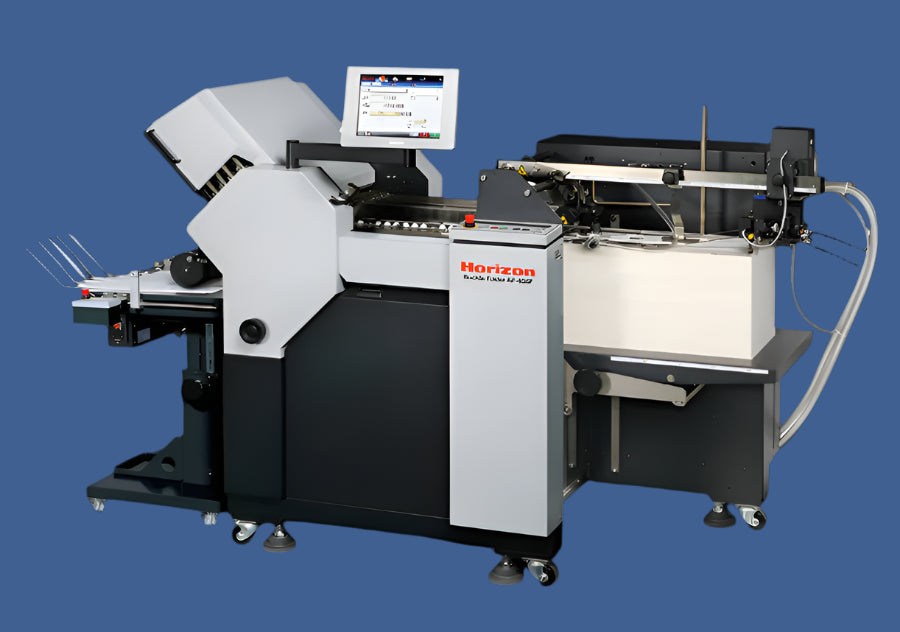 Horizon AF-408F buckle folder with color touchscreen interface, vertical paper feeder, and precision buckle plates for automated, high-speed folding in digital and offset print environments.