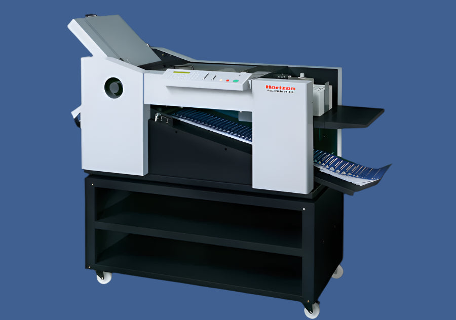 Horizon PF-40L Paper Folder with touchscreen controls and angled output tray, shown processing folded sheets on a black wheeled base cabinet