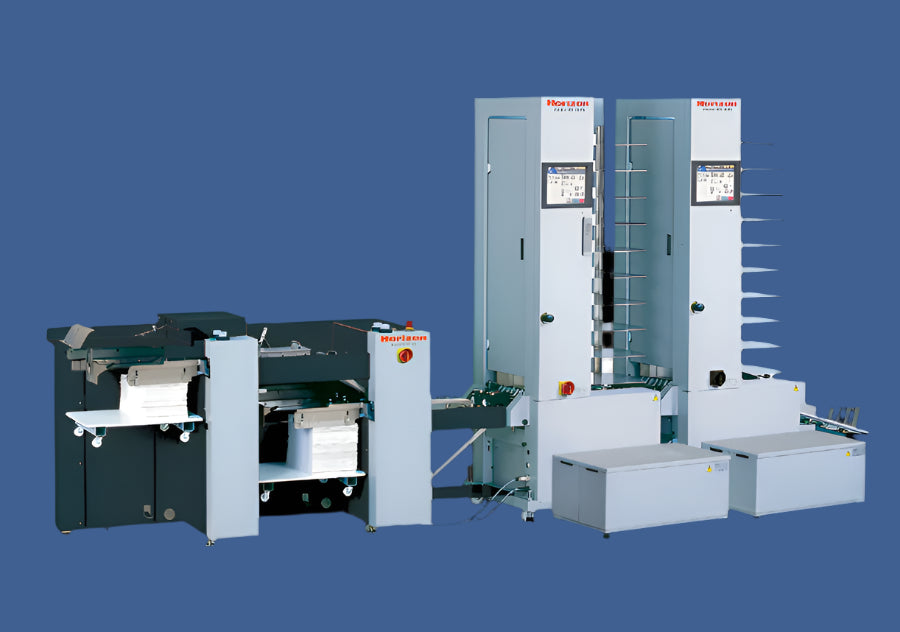 Horizon VAC-1000 Suction Feed Collator system with dual tower configuration, touchscreen controls, and integrated in-line bookletmaker.