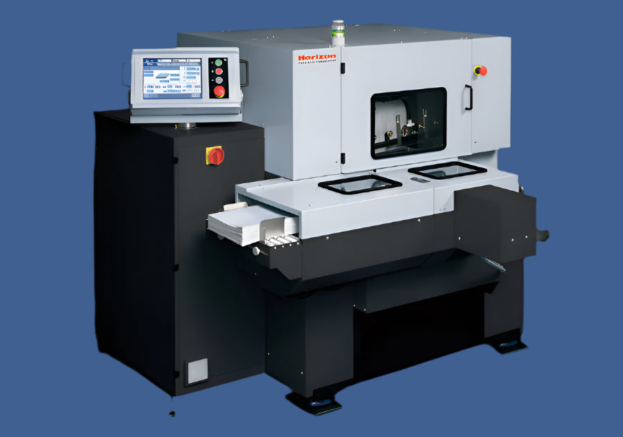 Horizon HT-80 three-side trimmer with integrated touchscreen control and compact footprint for efficient book trimming