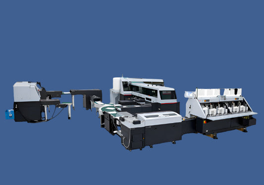 Horizon MiniCABS Binding System with integrated collator, binder, trimmer, and conveyor modules, designed for fully automated short-run book production and high-efficiency binding workflows.