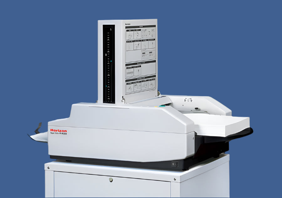 Horizon PF-P3210 paper folding machine featuring compact desktop design with vertical paper guide and visual setup instructions