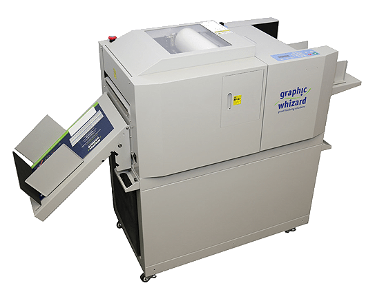 Graphic Whizard PT 33LSC laminator with output stacker, control panel, and transparent feed cover