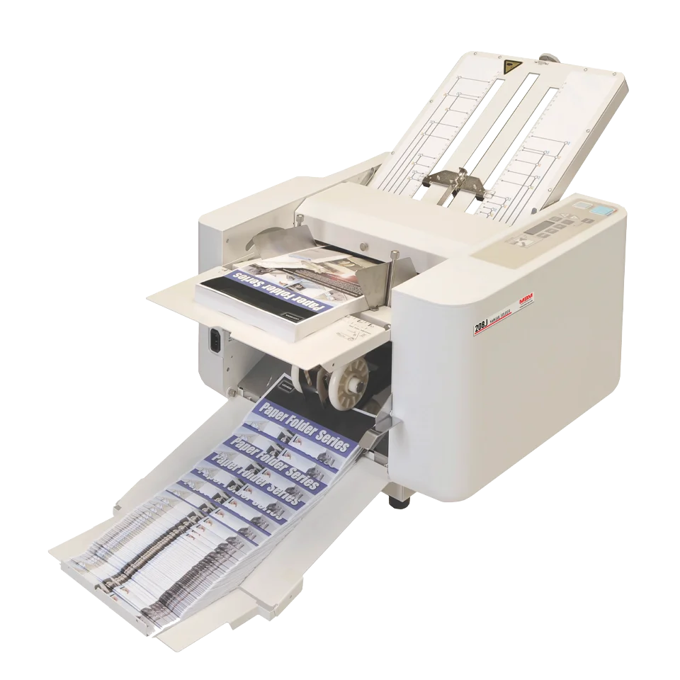 A white MBM 208J manual paper folder machine with an exit tray extended, displaying a 4-digit counter on the front, set against a plain background.