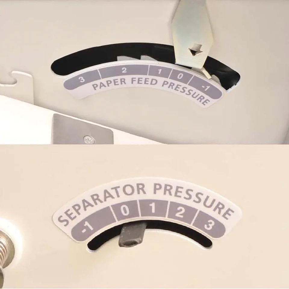 MBM 508A Paper Folder – Paper feed and separator pressure adjustment dials for fine-tuning media handling.