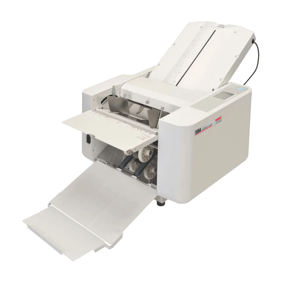 MBM 508A Automatic Tabletop Folder machine, predominantly white in color, with an exit tray extended, showcasing its paper feed and folding mechanism.
