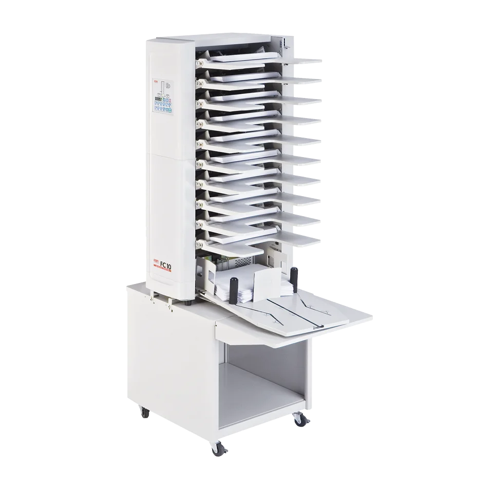 MBM FC10 PLUS Collator with 10 Adjustable Trays, LCD Control Panel, and Mobile Stand with Storage Shelf