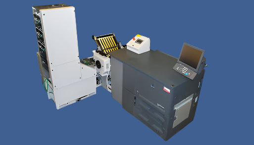 Baumfolder Print/Fold system with barcode verification and document insertion unit, featuring inline configuration and parallel paper output to conveyor