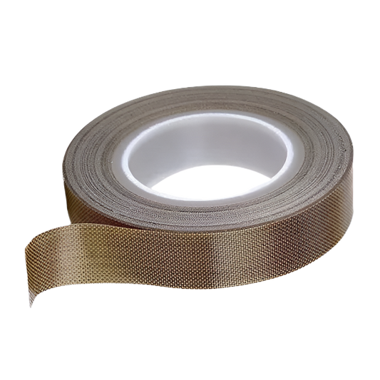 Roll of 3/4" Teflon heat tape with brown PTFE-coated surface and white plastic core, designed for high-temperature sealing, laminating, and wrapping applications in finishing equipment.