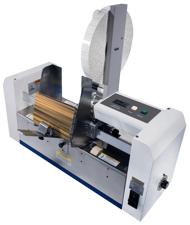 RENA T-250 tabber machine with single tabbing head, integrated control panel, and side-feed mail stack for automated mailing operations.