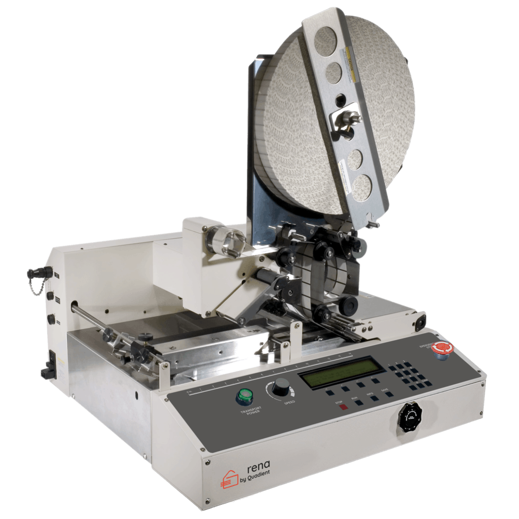 RENA by Quadient T-750 tabber machine with control panel, label roll feed, and high-speed media transport system for mailing applications.