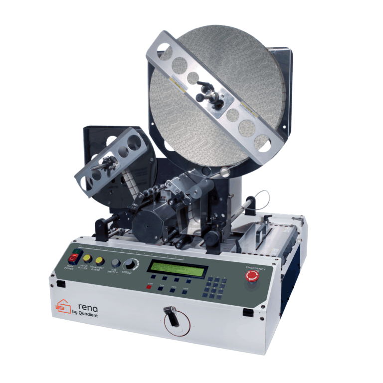RENA by Quadient T-950 high-speed tabber with control panel, emergency stop, and dual reel system for mailing applications.