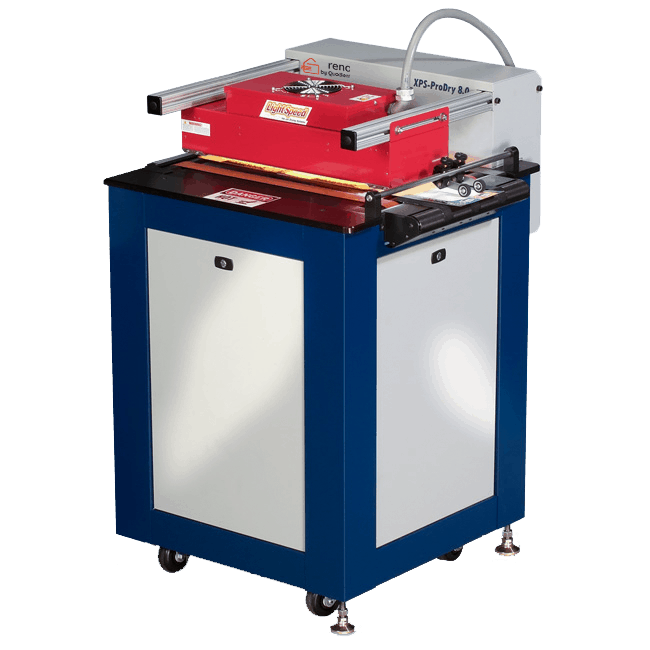 Rena XPS ProDry 8.0 infrared dryer with red heating unit, vacuum transport base, and adjustable guide rails, designed for rapid drying of printed materials in high-speed mail and print production.