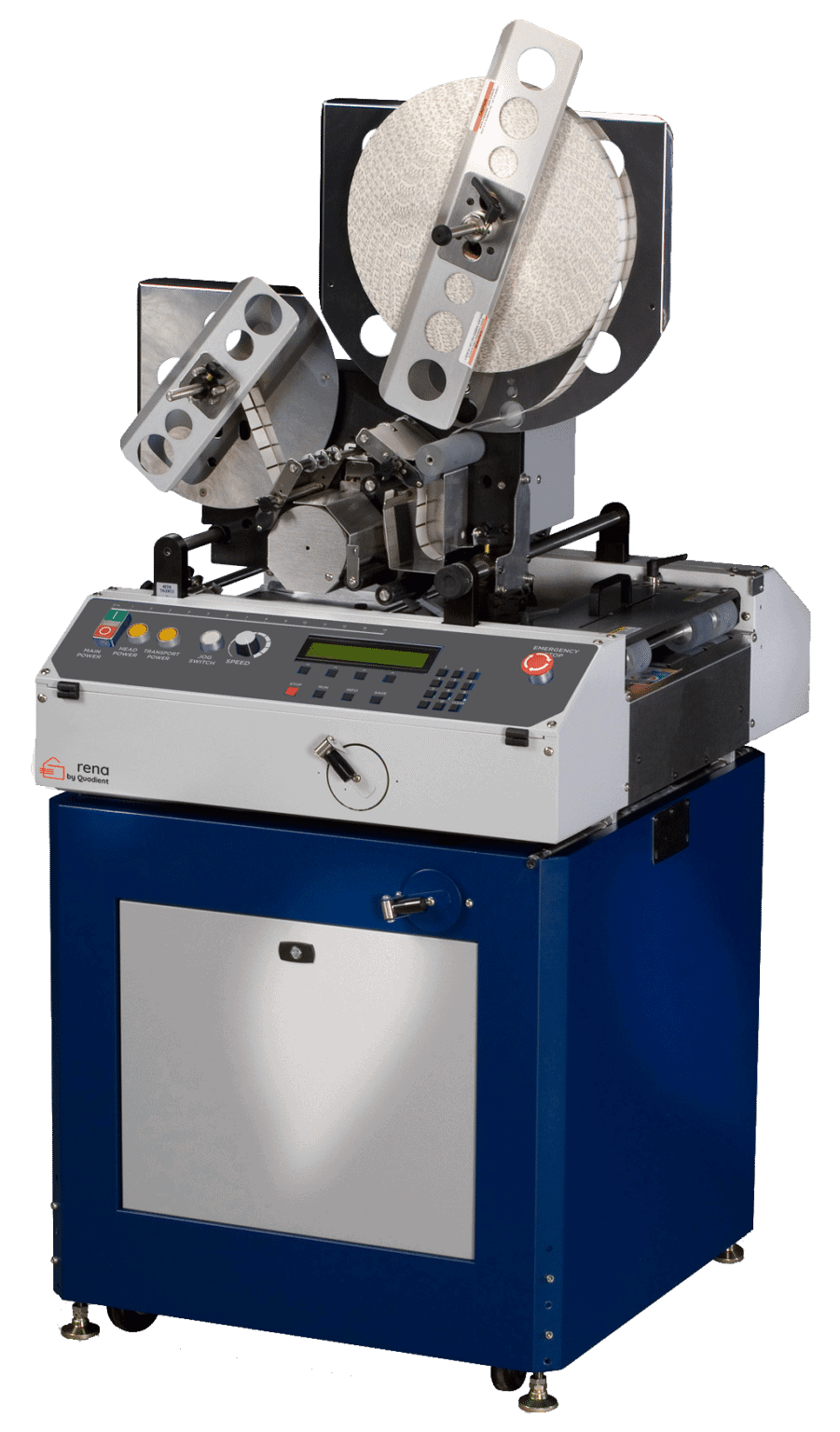 RENA XPS ProTab 4.0 High-Speed Tabber Machine with Dual Tab Rolls, User Control Panel, and Blue Metal Stand with Locking Caster Wheels