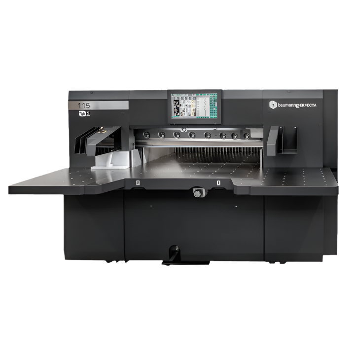 Perfecta BP 115 programmable paper cutter with 45-inch cutting width, touchscreen interface, dual side tables, and safety guard for industrial paper trimming.