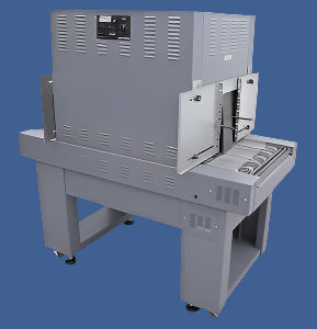 Heat Seal SB3422 banding tunnel with open front access doors and integrated conveyor, shown from rear side angle.