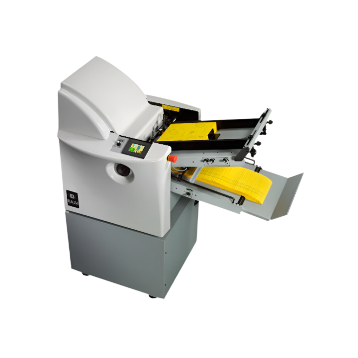 Baum 714XA AutoFold automatic paper folding machine with touchscreen control and conveyor delivery