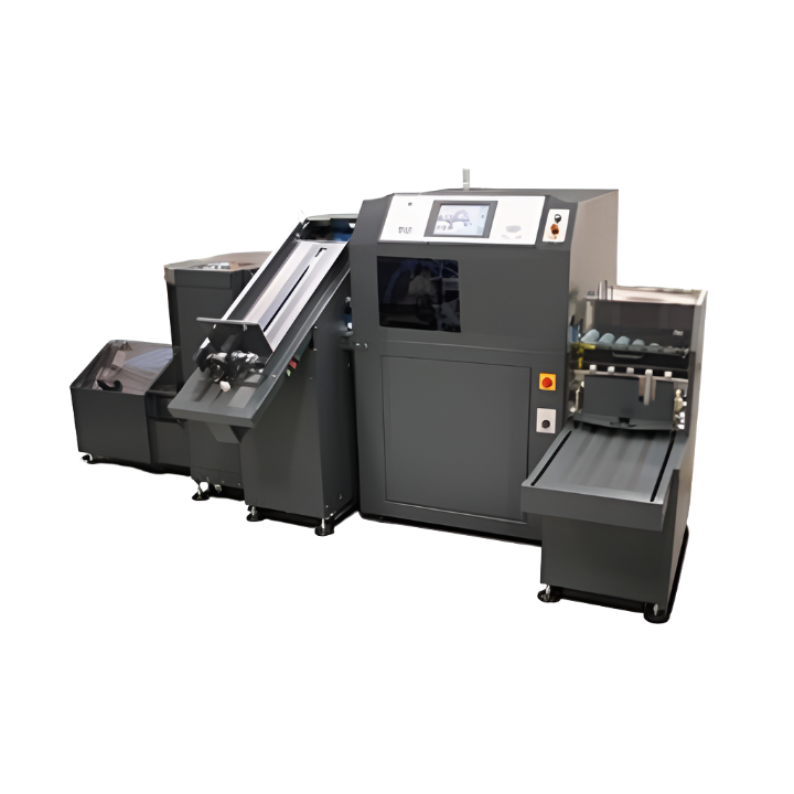 Challenge CMT-330TC three-knife book trimmer featuring a touchscreen control panel, infeed conveyor, and integrated waste removal system.