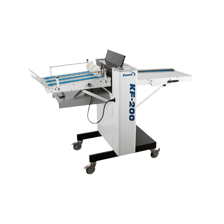 Count KF-200 Knife Folder machine with adjustable paper guides and touch screen interface on caster base