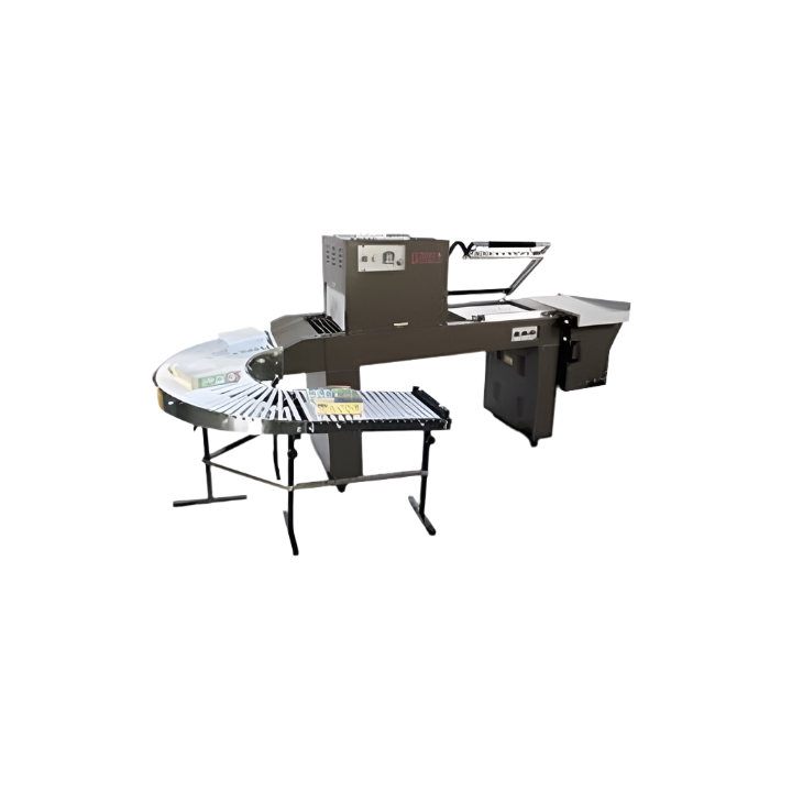 PP-1519 L Sealer and Shrink Tunnel Combo with curved gravity conveyor