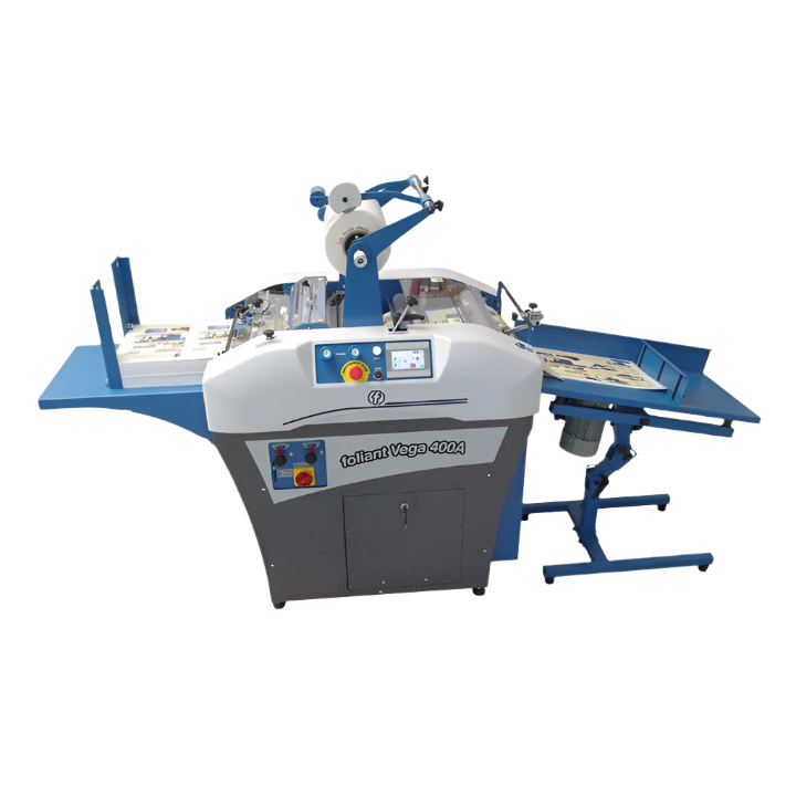 Foliant Vega 400A Single Sided Laminator – automated laminating machine with control panel, film roll system, and integrated feeder and stacker trays.