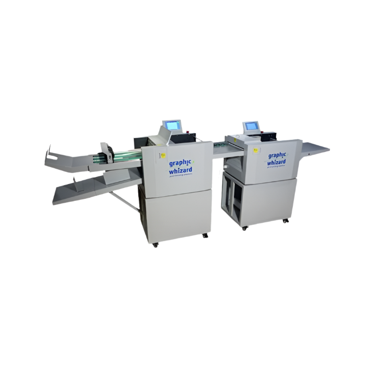Graphic Whizard PT-335CKF Creaser/Knife Folder system with dual connected units and touchscreen control panels